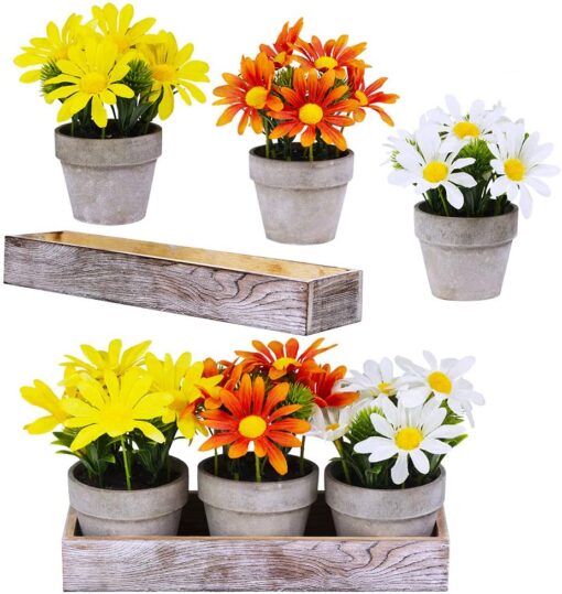 Set of 3 Artificial Daisy Flowers in Pots Orange Yellow White Silk Sunflower Mini Potted Plants Arrangement with Wood Planter Box for Spring Summer Indoor Office Tabletop Décor Wedding Centerpiece - Image 4