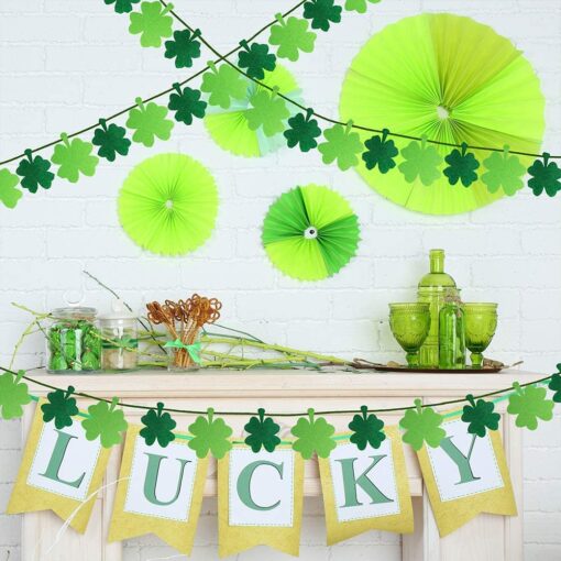 11.2' Long Felt Shamrock Party Garland Green Four Leaf Clover Banner Garland Backdrop Strings for St. Patrick's Day Background Decorations - Image 2