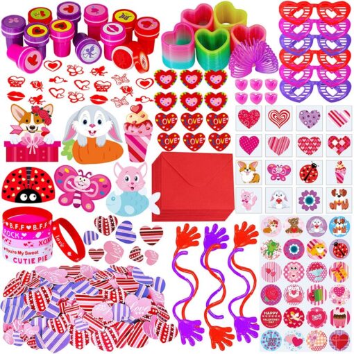 462 Pack Valentine's Day Party Favors Supplies Gift Exchage Cards Heart Glasses Bracelets Heart Stickers Stamper Sticky Hands Tattoo Bulk for Kids School Classroom Rewards Prizes Birthday Goodie Bags