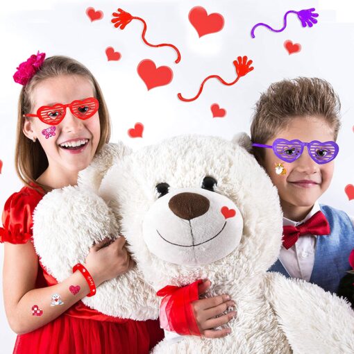 462 Pack Valentine's Day Party Favors Supplies Gift Exchage Cards Heart Glasses Bracelets Heart Stickers Stamper Sticky Hands Tattoo Bulk for Kids School Classroom Rewards Prizes Birthday Goodie Bags - Image 7