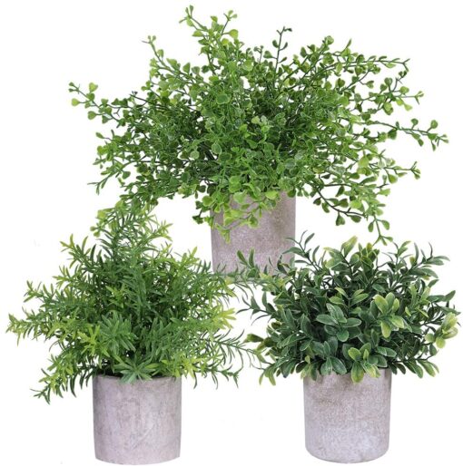 3 Pack Mini Potted Plants Artificial Green Eucalyptus Boxwood Rosemary Greenery in Pots Faux Potted Herbs Small Houseplants 8.4"-9.3" Tall for Indoor Greenery Home Bedroom Kitchen Farmhouse Decor