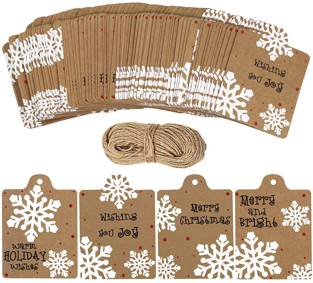 100 Pcs Christmas Winter Kraft Brown Gift Tags Label Snowflake Prints Favor  Tags Rustic Treat Tags to/from Tags Merry Tie-On Tags Festive Warm Wishes  Cards Tags Label and 30 Yards Jute Twines