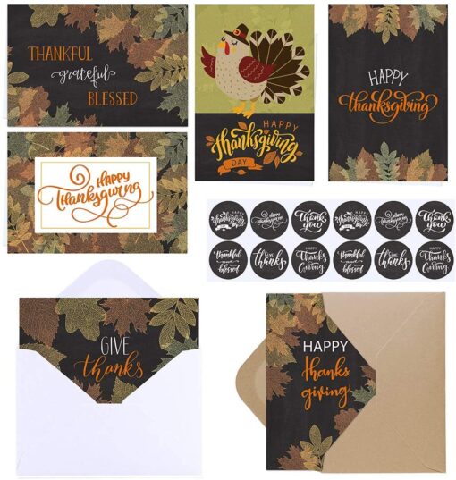 120 Sets Bulk Thanksgiving Cards with Envelopes Stickers Assortment 6 Designs Blank Vintage Fall Leaves Turkey Chalkboard Greeting Cards Blank Holiday Harvest Cards Give Thanks Cards 4x6 - Image 2