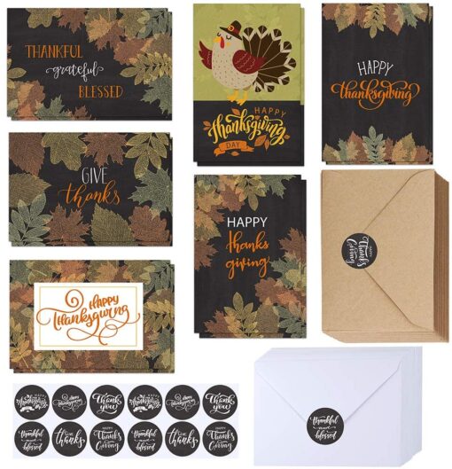 120 Sets Bulk Thanksgiving Cards with Envelopes Stickers Assortment 6 Designs Blank Vintage Fall Leaves Turkey Chalkboard Greeting Cards Blank Holiday Harvest Cards Give Thanks Cards 4x6