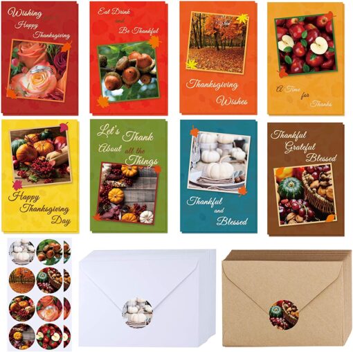 120 Sets Bulk Blank Thanksgiving Cards with Envelopes Stickers Assortment 8 Design of Fall Pumpkin Leaf Photos Thank You Greeting Cards Note Cards for Fall Wedding Shower Thanksgiving Harvest Party