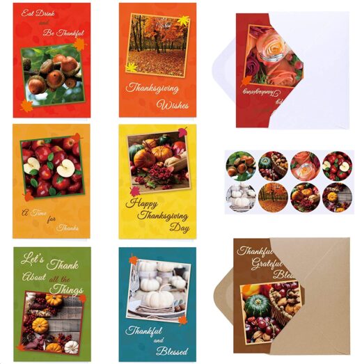 120 Sets Bulk Blank Thanksgiving Cards with Envelopes Stickers Assortment 8 Design of Fall Pumpkin Leaf Photos Thank You Greeting Cards Note Cards for Fall Wedding Shower Thanksgiving Harvest Party - Image 6