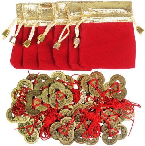 30 Pcs Chinese Lucky Coins Good Fortune Coins Feng Shui Coins Decorations 3 Brass Coins Knotted with Red Ribbon and Red Gold Lucky Bags for Wealth Health Success Asian Lunar Chinese New Year 2023