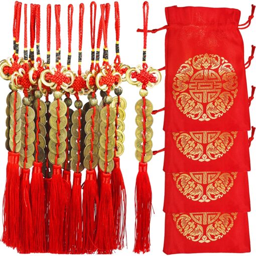 16 Pcs Chinese Five Coins Feng Shui Tassel Hanging Fortune Coin with Red Chinese Knot Tassel Good Luck Charm Lucky Charm and fu Bags for Wealth Health Success Chinese New Year Decoration