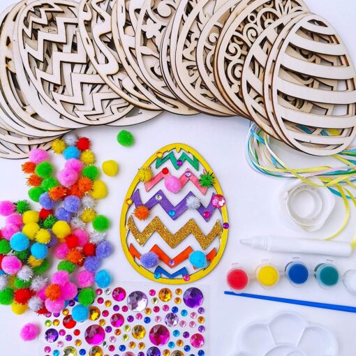 32 Sets Easter Egg Ornaments Decoration DIY Carved Wooden Egg Ornaments Craft Kit Assorted Unfinished Paintable Wood Egg Cutouts Glitter Pom-poms for Kids Classroom Activity Easter Day Decoration - Image 2