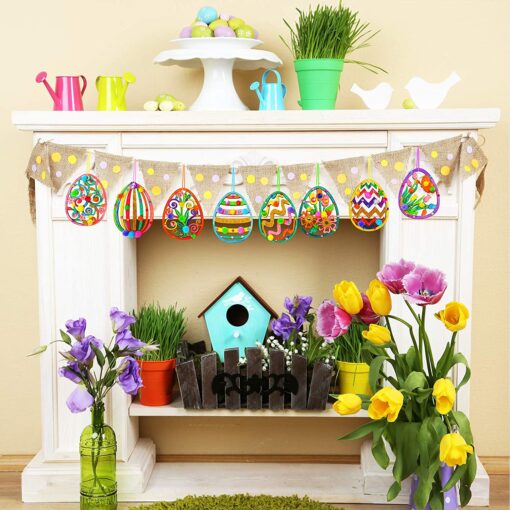 32 Sets Easter Egg Ornaments Decoration DIY Carved Wooden Egg Ornaments Craft Kit Assorted Unfinished Paintable Wood Egg Cutouts Glitter Pom-poms for Kids Classroom Activity Easter Day Decoration - Image 3