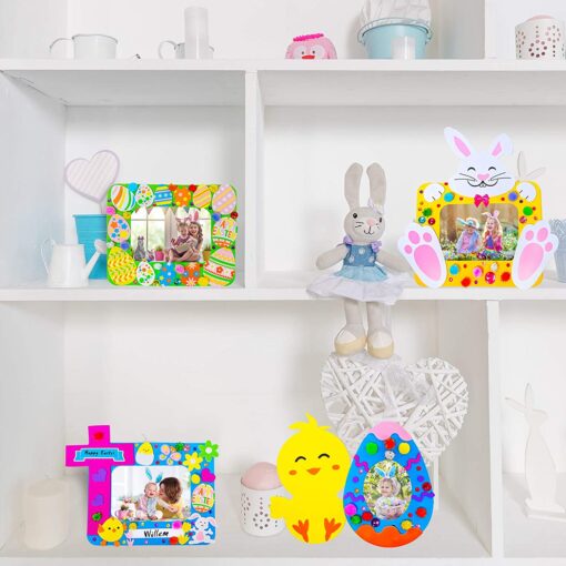 12 Sets Easter Picture Photo Frames Decoration DIY Easter Foam Picture Photo Frames Craft Kit Foam Easter Bunny Egg Chick Cross Self-Adhesive Stickers Pom-poms for Kids Classroom Activity Party Favors - Image 4