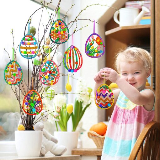 32 Sets Easter Egg Ornaments Decoration DIY Carved Wooden Egg Ornaments Craft Kit Assorted Unfinished Paintable Wood Egg Cutouts Glitter Pom-poms for Kids Classroom Activity Easter Day Decoration - Image 5