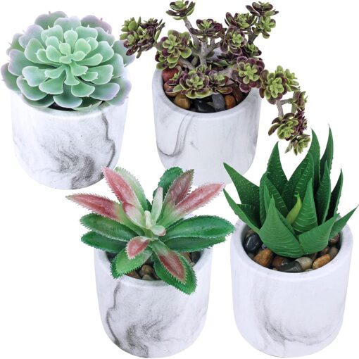 4 Pcs Assorted Small Artificial Potted Succulent Plants Faux Succulent Aloe Sedum in Grey & White Marble Ceramic Pots for Party Favor Gift Modern Table Windowsill Shelf Indoor Outdoor Greenery Decor