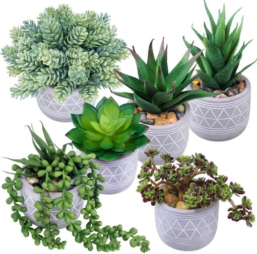 6 Pcs Assorted Small Potted Succulents Plants Artificial Succulents Aloe in Gray Concrete Ceramic Pots Geometric Planters for Party Favor Gift Home Windowsill Table Shelf Indoor Outdoor Greenery Decor - Image 2