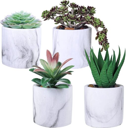 4 Pcs Assorted Small Artificial Potted Succulent Plants Faux Succulent Aloe Sedum in Grey & White Marble Ceramic Pots for Party Favor Gift Modern Table Windowsill Shelf Indoor Outdoor Greenery Decor - Image 2