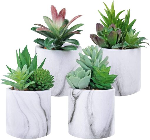 4 Pcs Assorted Small Potted Succulents Plants Arrangement Artificial Echeveria Aloe Succulents in Gray & White Marble Ceramic Pots for Party Favor Gift Tabletop Windowsill Home Indoor Greenery Decor - Image 2