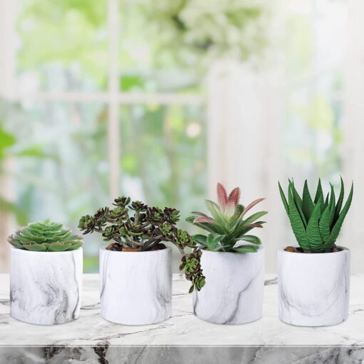 4 Pcs Assorted Small Artificial Potted Succulent Plants Faux Succulent Aloe Sedum in Grey & White Marble Ceramic Pots for Party Favor Gift Modern Table Windowsill Shelf Indoor Outdoor Greenery Decor - Image 3