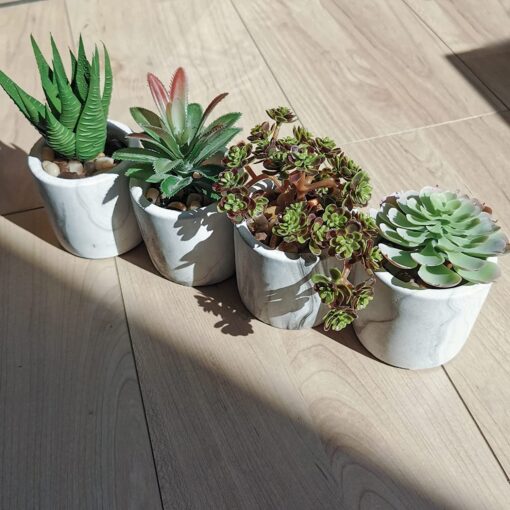 4 Pcs Assorted Small Artificial Potted Succulent Plants Faux Succulent Aloe Sedum in Grey & White Marble Ceramic Pots for Party Favor Gift Modern Table Windowsill Shelf Indoor Outdoor Greenery Decor - Image 4