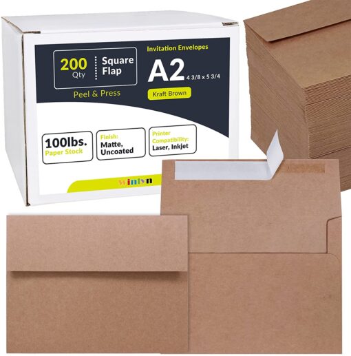 200 Pcs A2 Invitation Envelopes in Kraft Brown Peel & Press Self Seal 4 3/8 x 5 3/4 Square Flap Envelopes RSVP Return Envelopes 100lb. for Announcement Mailing 4x5 Greeting Cards Photo 1/4 Fold Cards