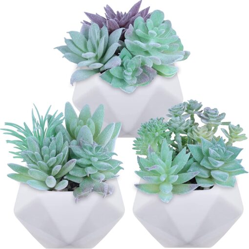 3 Pcs Assorted Small Potted Succulents Arrangement Fake Flocked Succulents in White Ceramic Pots Geometric Planters for Gift Modern Home Office Desk Shelf Table Indoor Outdoor Greenery Decoration