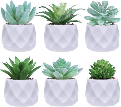 Set of 6 Assorted Small Potted Succulent Plants Fake Agave Sedum Echeveria in White Ceramic Pots Geometric Planters for Gift Home Office Desk Shelf Table Modern Indoor Outdoor Greenery Decoration - Image 2