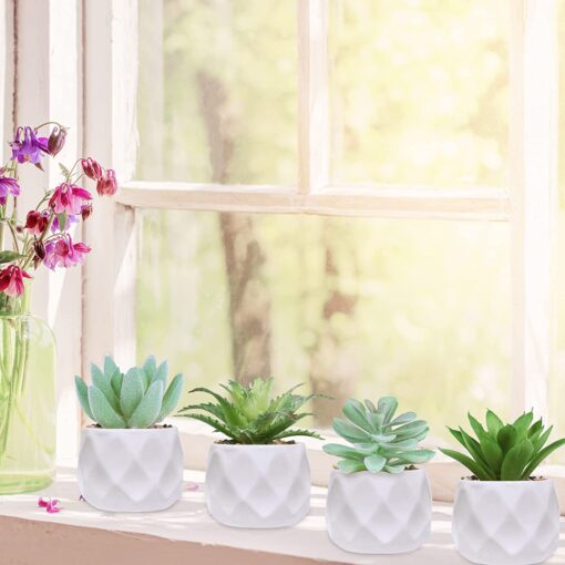 Set of 6 Assorted Small Potted Succulent Plants Fake Agave Sedum Echeveria in White Ceramic Pots Geometric Planters for Gift Home Office Desk Shelf Table Modern Indoor Outdoor Greenery Decoration - Image 5