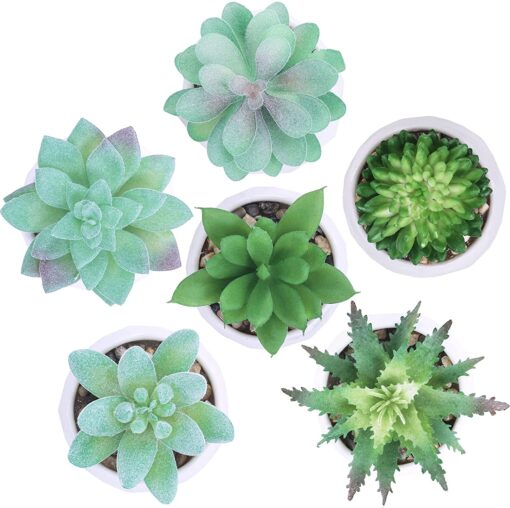 Set of 6 Assorted Small Potted Succulent Plants Fake Agave Sedum Echeveria in White Ceramic Pots Geometric Planters for Gift Home Office Desk Shelf Table Modern Indoor Outdoor Greenery Decoration - Image 8