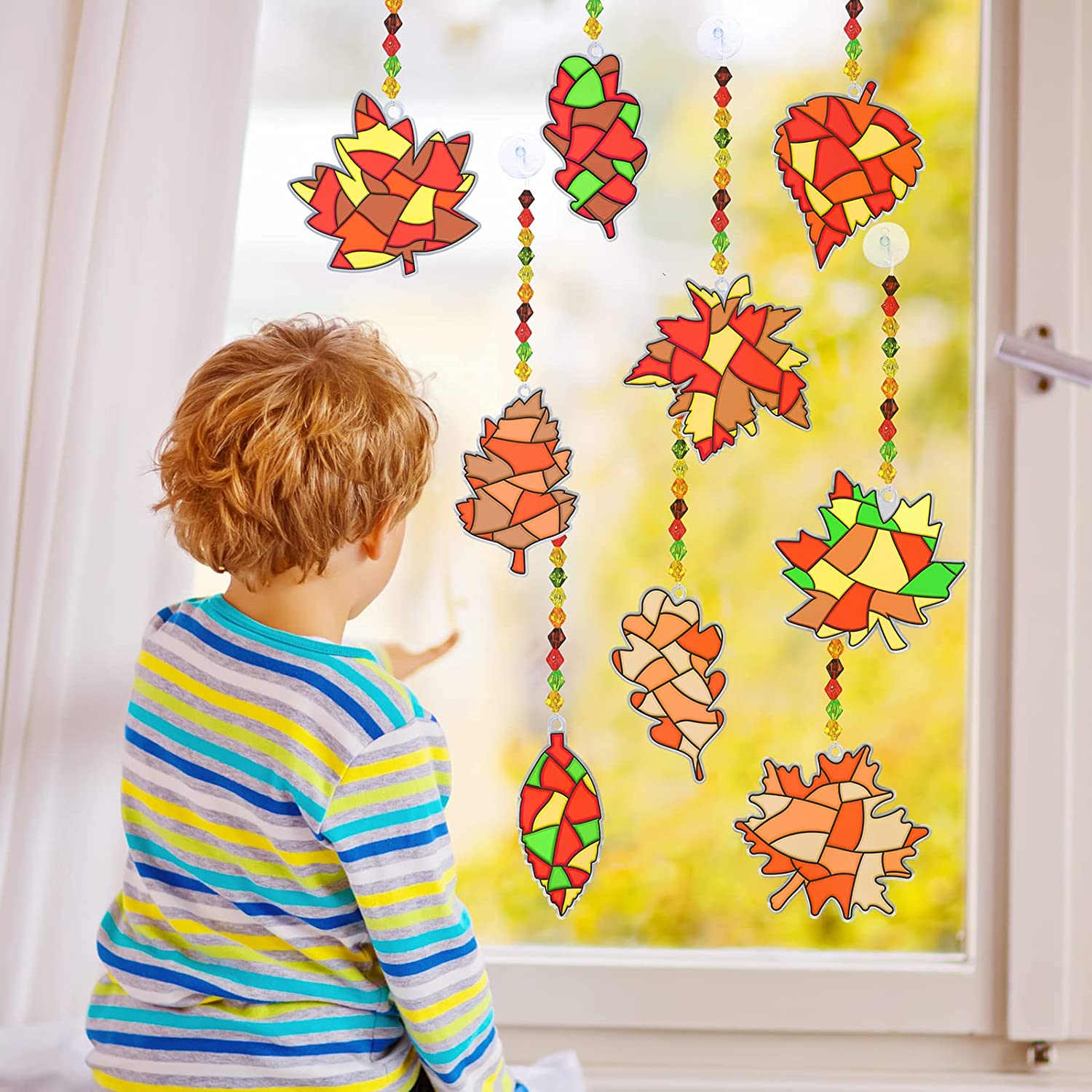 Winlyn 27 Sets Fall Leaf Suncatchers Ornaments Decorations DIY Window ...