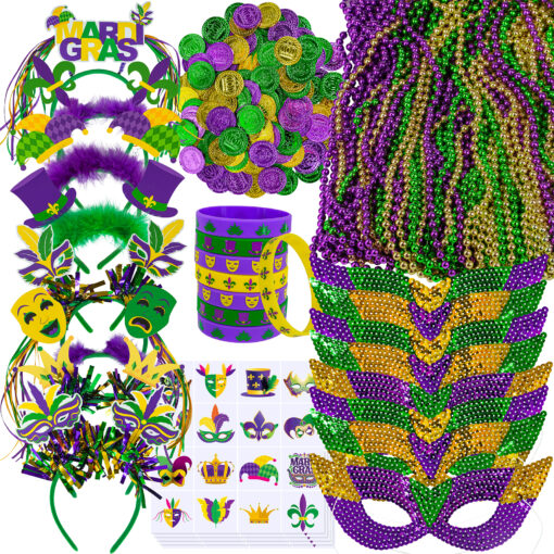 Winlyn 128 Pcs Mardi Gras Accessories Set Bulk Party Favors Supplies Mardi Gras Beads Necklaces Coins Head Boppers Bracelets Tattoos Purple Green Gold for Mardi Gras Masquerade Parade Décor