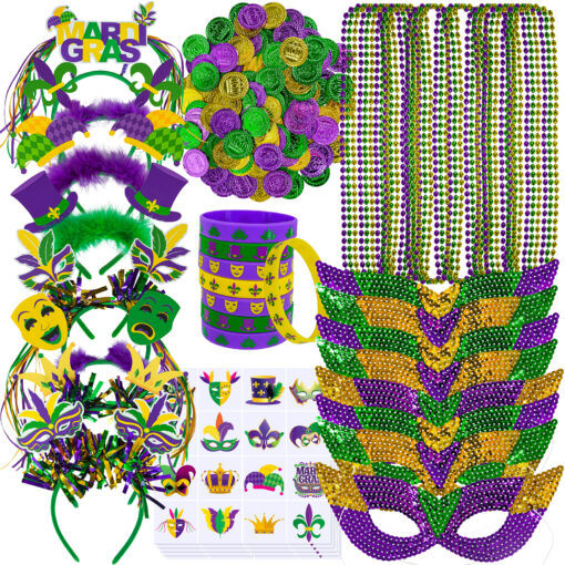 Winlyn 128 Pcs Mardi Gras Accessories Set Bulk Party Favors Supplies Mardi Gras Beads Necklaces Coins Head Boppers Bracelets Tattoos Purple Green Gold for Mardi Gras Masquerade Parade Décor - Image 2