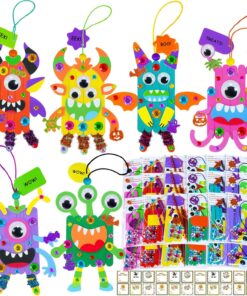 Winlyn 24 Sets Halloween Craft Kits Fall Kids Crafts DIY Craft Stick Monster Ornaments Decorations Art Set Monster Foam Stickers Arts and Crafts for Kids Classroom Activities Party Favors