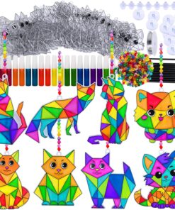 Winlyn 24 Sets Cat Suncatcher Ornaments Decorations DIY Window Paint Art Craft Kits Rainbow Kitten Sun Catchers Painting Kit for Kids Classroom Activities Birthday Summer Camping Party Art Project