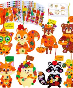 Winlyn 24 Sets Fall Crafts Kits DIY Woodland Animal Ornament Decorations Art Sets Owl Squirrel Foam Stickers Autumn Art and Crafts for Kids Thanksgiving Halloween Classroom Activities Party Favors