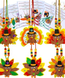Winlyn 24 Sets Fall Craft Kits DIY Thanksgiving Turkey Necklaces Art Sets Autumn Maple Leaves Turkey Feathers Foam Thanksgiving Stickers for Kids Harvest Home Classroom Activities Party Favors