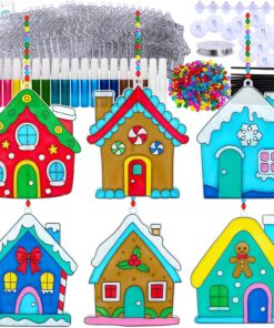 Winlyn 24 Sets Christmas Gingerbread House Suncatchers Ornaments Decorations DIY Window Paint Art Suncatchers Winter Crafts Painting Kits for Kids Classroom Activities Art Project Party Favors