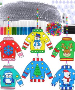 Winlyn 24 Sets Christmas Ugly Sweater Suncatchers Ornaments Decorations DIY Window Paint Art Suncatchers Winter Crafts Painting Kits for Kids Classroom Activities Art Project Party Favors