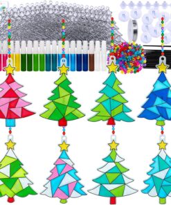 Winlyn 24 Sets Christmas Tree Suncatchers Ornaments Decorations DIY Window Paint Art Suncatchers Winter Crafts Painting Kits for Kids Classroom Activities Art Project Party Favors