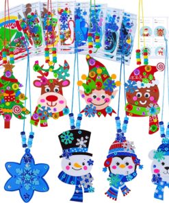Winlyn 24 Sets Christmas Craft Kits Winter Crafts DIY Holiday Necklace Art Sets Pine Tree Snowman Reindeer Penguin Snowflake Foam Stickers Arts and Crafts for Kids Classroom Activities Party Favors