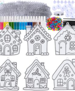 Alternative view of Winlyn 24 Sets Christmas Gingerbread House Suncatchers Ornaments Decorations DIY Window Paint Art Suncatchers Winter Crafts Painting Kits for Kids Classroom Activities Art Project Party Favors