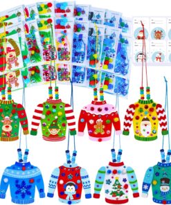 Winlyn 24 Sets Christmas Craft Kits Winter Crafts DIY Ugly Sweater Necklaces Decorations Festive Foam Stickers Christmas Arts and Crafts for Kids Holiday Home Classroom Art Activities Party Favors