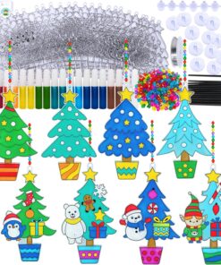 Winlyn 24 Sets Potted Christmas Tree Suncatchers Ornaments Decorations DIY Window Paint Art Suncatchers Winter Crafts Painting Kits for Kids Classroom Activities Art Project Party Favors