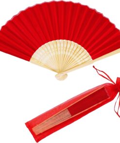 Winlyn 12 Sets Red Silk Hand Fans Chinese Handheld Silk Fans Bamboo Folding Fans Oriental Hand Fans with Bags for Asian Chinese Lunar New Year Party Favors Gift Dance Wedding Festival Holiday Decor