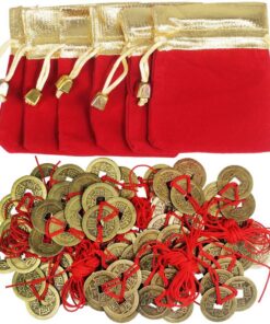 Supla 30 Pcs Chinese Lucky Coins Good Fortune Coins Good Luck Ornaments Decorations 3 Brass Coins Knotted with Red Ribbon and Lucky Bags for Wealth Health Success Asian Lunar Chinese New Year 2026