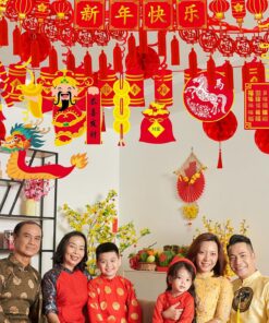 Alternative view of Winlyn Bulk Chinese Lunar New Year Party Decorations Oriental Hanging Red Lanterns Lucky Garland Party Swirls New Year Banner Honeycomb Balls for Asian Vietnamese TET Horse Year Wedding 2026 Decor