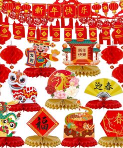 Winlyn 18 Pcs Chinese Lunar New Year Party Decorations Good Luck Honeycomb Centerpieces Hanging Red Lanterns Lucky Garland New Year Banner for Asian Vietnamese Tet Festival Wedding Horse Year 2026