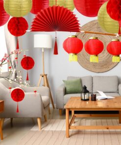 Alternative view of Winlyn 22 Pcs Chinese Lunar New Year Party Decorations Oriental Hanging Fans Red Gold Round Paper Lanterns Honeycomb Balls for Asian Chinese Vietnamese Tet The Year of Horse Home Wedding 2026 Decor