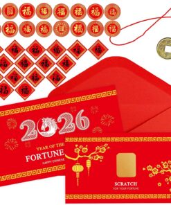 Winlyn 28 Sets Chinese New Year Fortune Cards with Red Envelops Chinese Coins Chinese Stickers Scratch Off Fortune Games Gifts for Kids Chinese Lunar New Year Party Spring Year of The Horse 2026