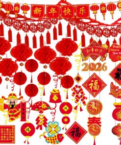 Alternative view of Winlyn Chinese Lunar New Year Party Decorations Oriental Red Lanterns Good Luck Garlands Hanging Festive Ornaments Party Swirls New Year Banner Honeycomb Balls for Asian Horse Year Wedding 2026 Decor
