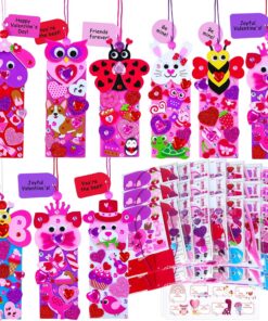 Winlyn 32 Sets Valentine's Day Decorations DIY Heart Animal Bookmarks Valentine Craft Kits Blank Foam Bookmarks with Hearts Stickers for Kids Classroom Activities Reading Party Favors Gift Exchange