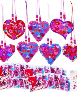 Winlyn 24 Sets Valentine's Day Heart Necklace Decorations DIY Valentine Craft Kits Assorted Heart Shaped with Valentine Foam Stickers for Kids School Classroom Activities Party Favors Gift Exchange